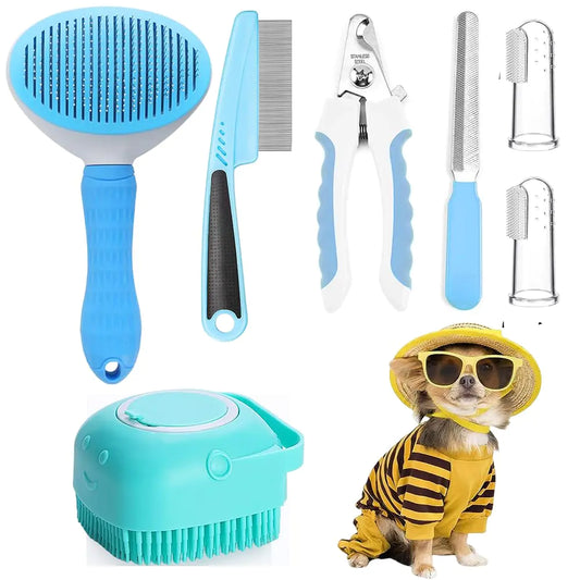 Qubccum 7pcs Pet Grooming Kit Self-Cleaning Brush Shedding Kit with Nail Clipper Flea Comb Shampoo Bath Brush Finger Toothbrush Storage Bag (Blue)